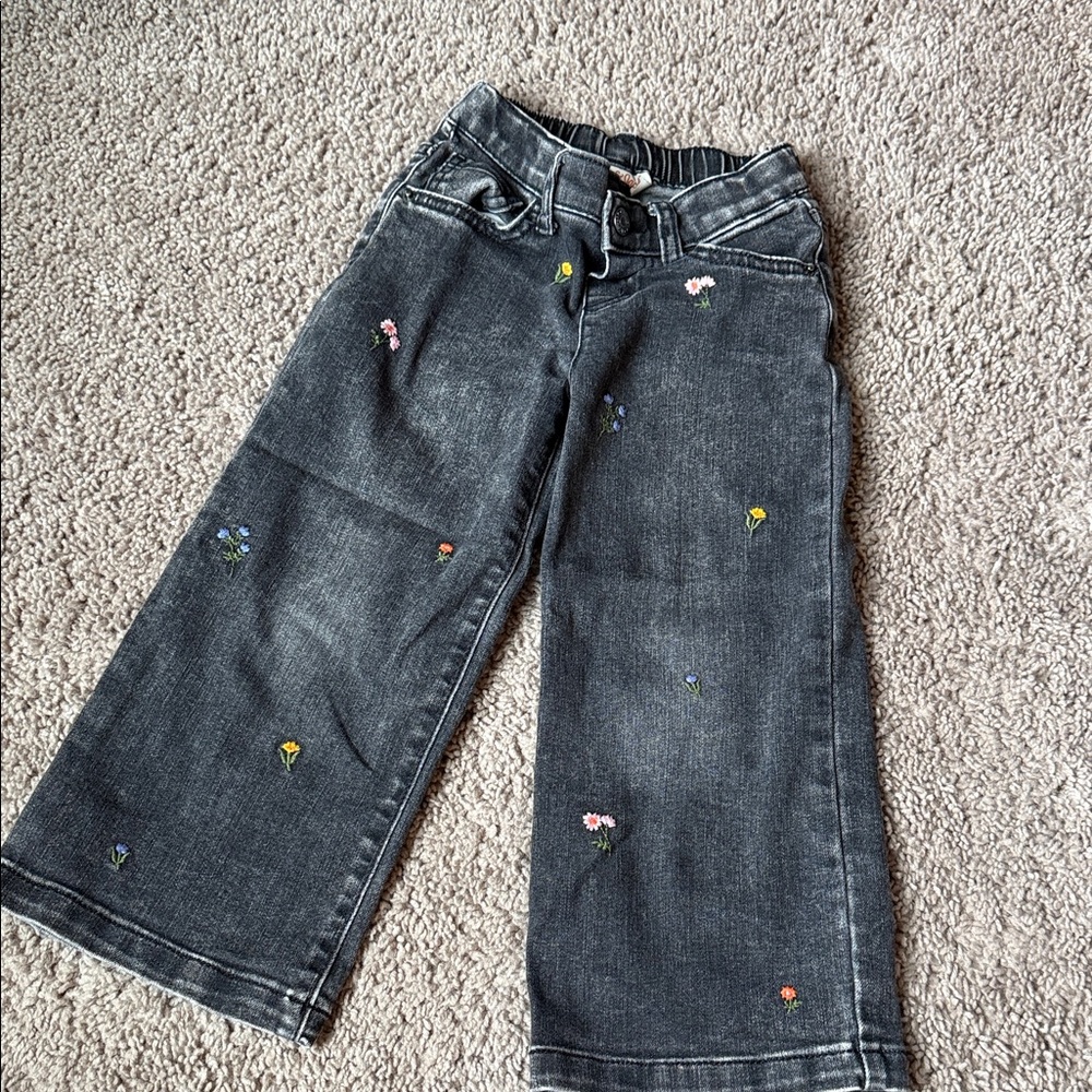 Kids Black Embroidered Floral Wide-Leg Jeans 4T